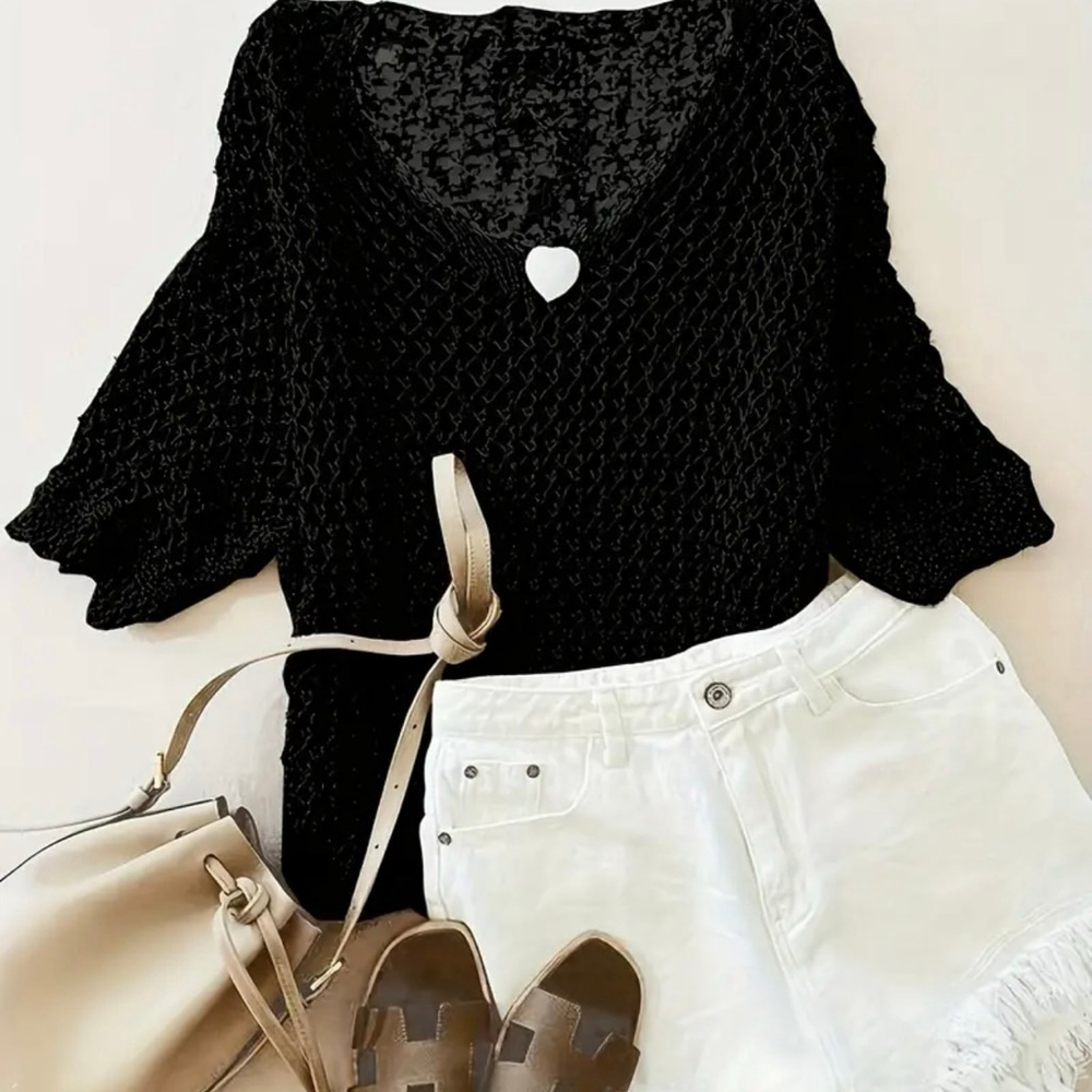 Open Stitch Black Acrylic Knit V Neck Sweater - Picture 7 of 8